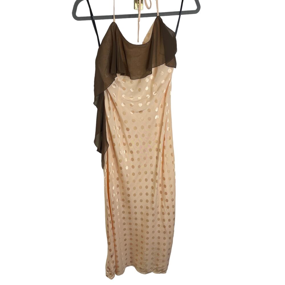 LPA Halter Ruffle Sheath Dress Polka Dot Pattern Champagne Brown Size Small